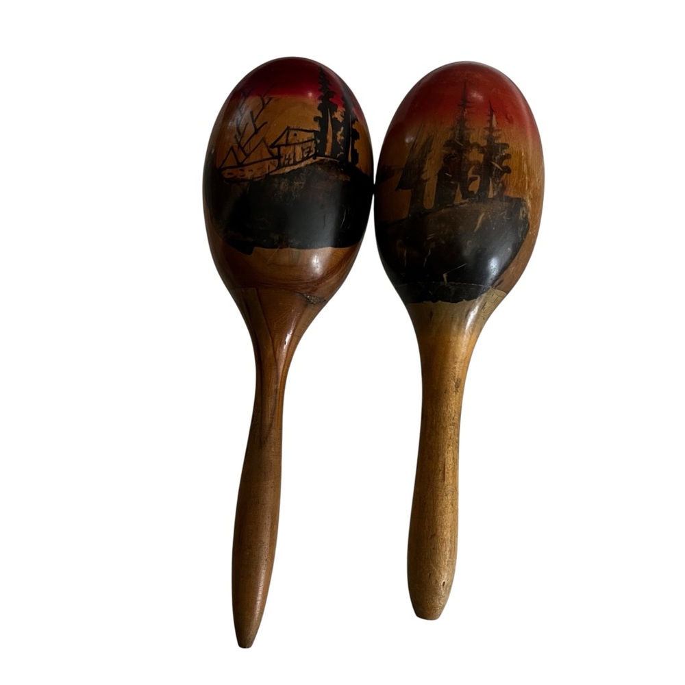 Set of 2 Puerto Rico Hand Painted Vintage Marscas Shakers 10” L Some wear